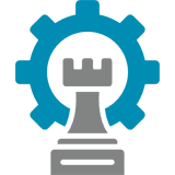 Blue gear and gray rook emblem