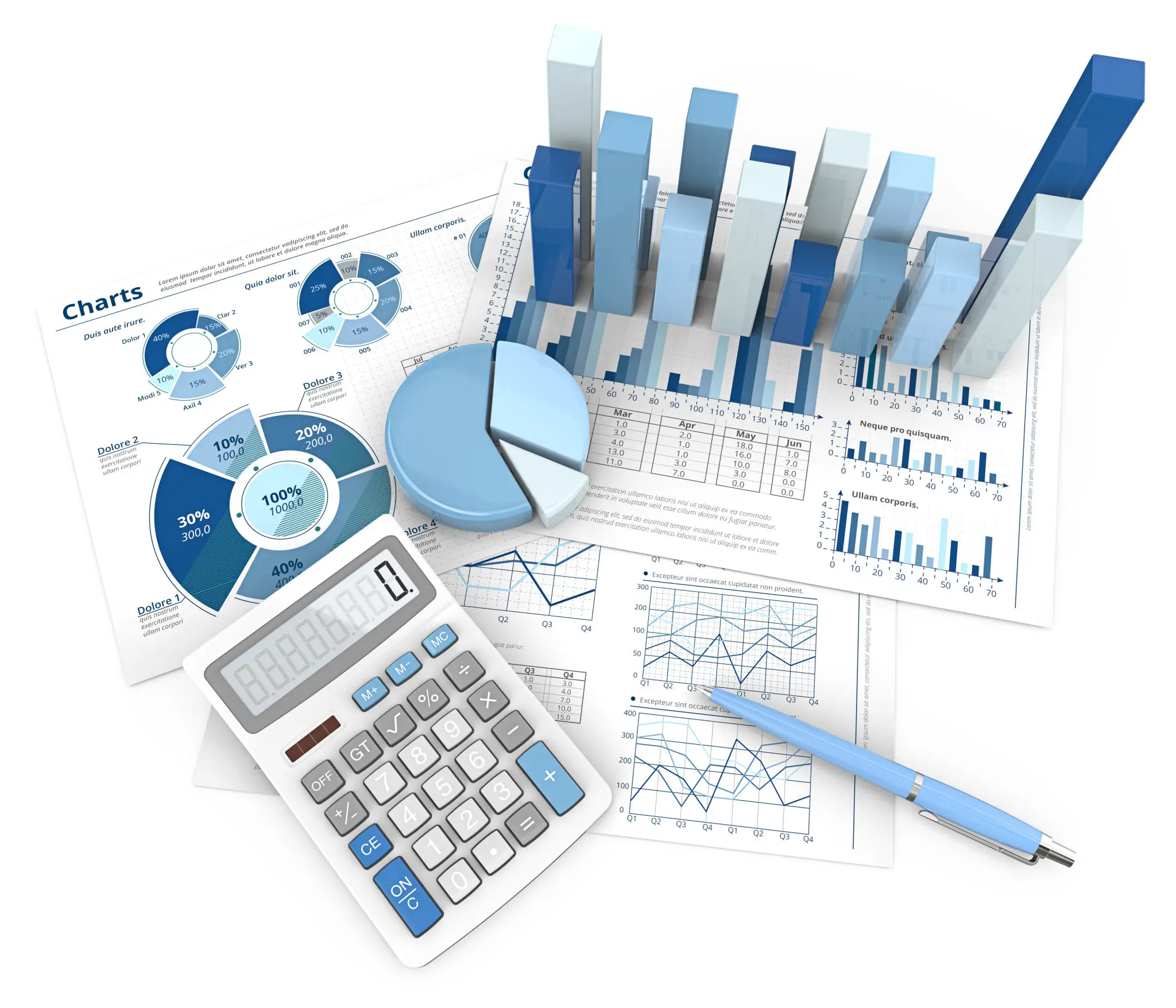Financial documents, calculator, and charts for analysis.