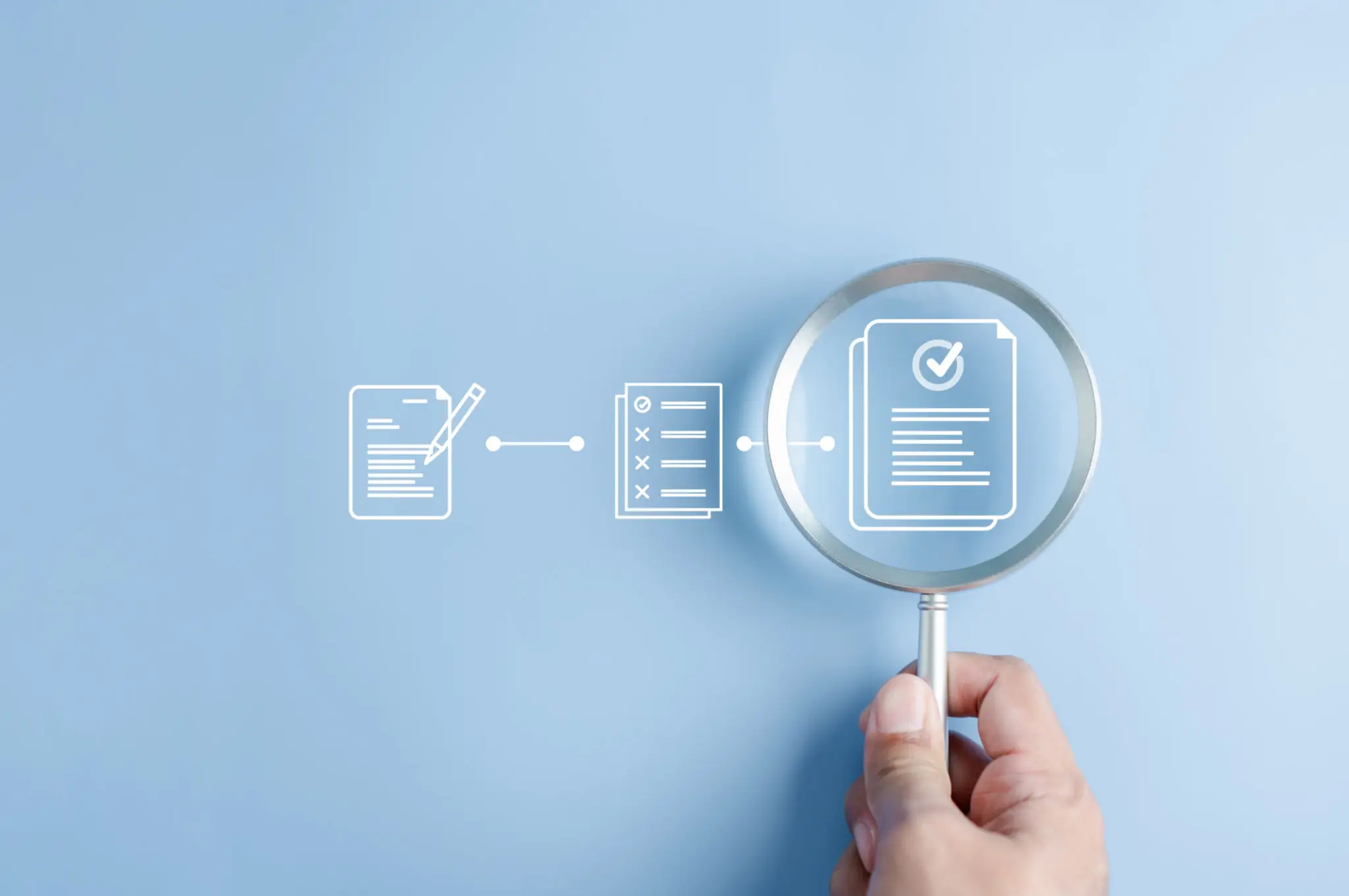 Magnifying glass highlighting a checklist on a blue background with icons representing task completion.