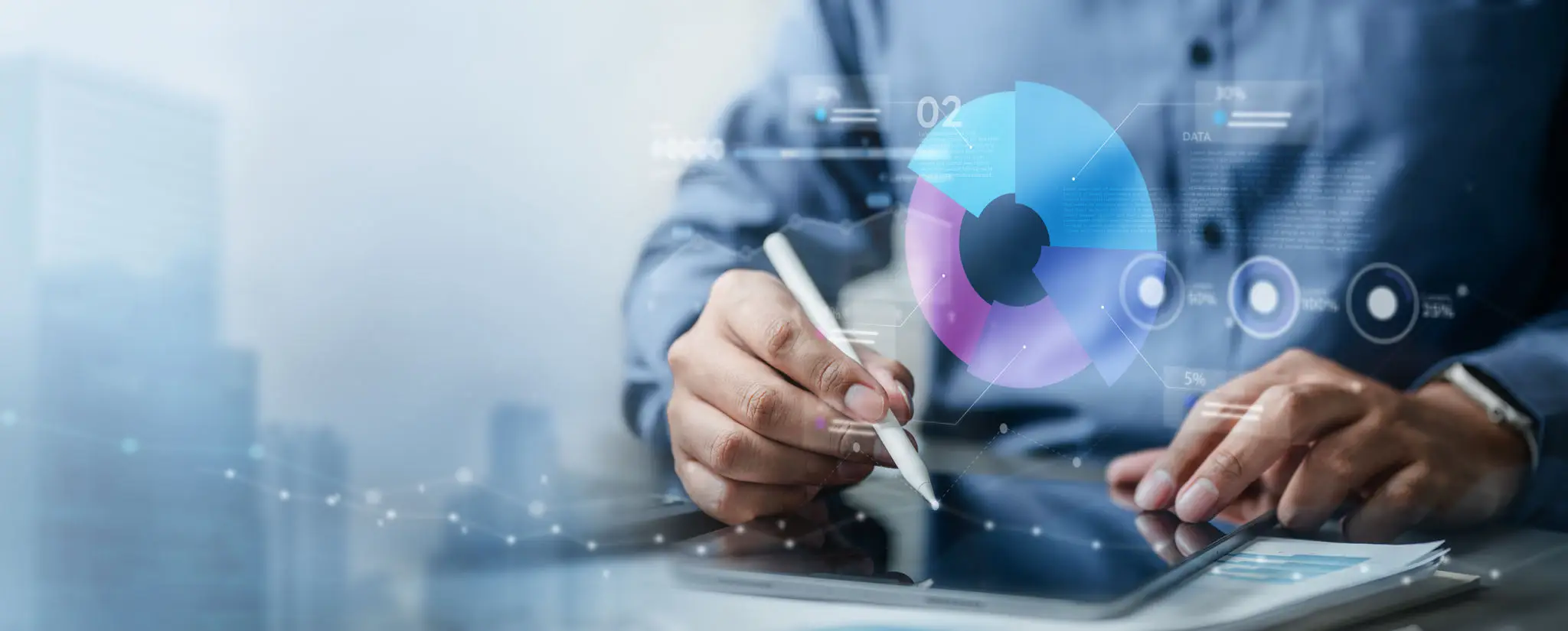 Person using a stylus on a digital interface with data visualization.