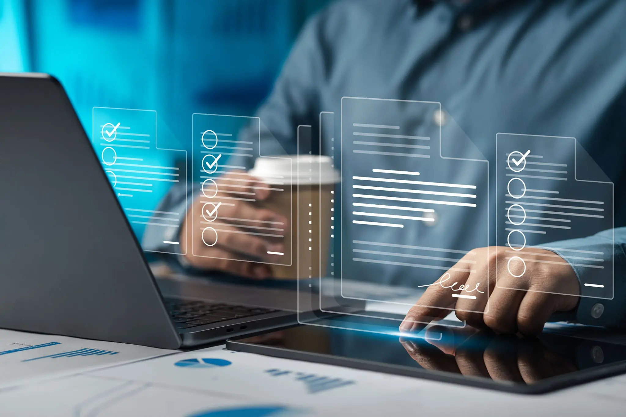 Person working on laptop with coffee and digital data overlay.